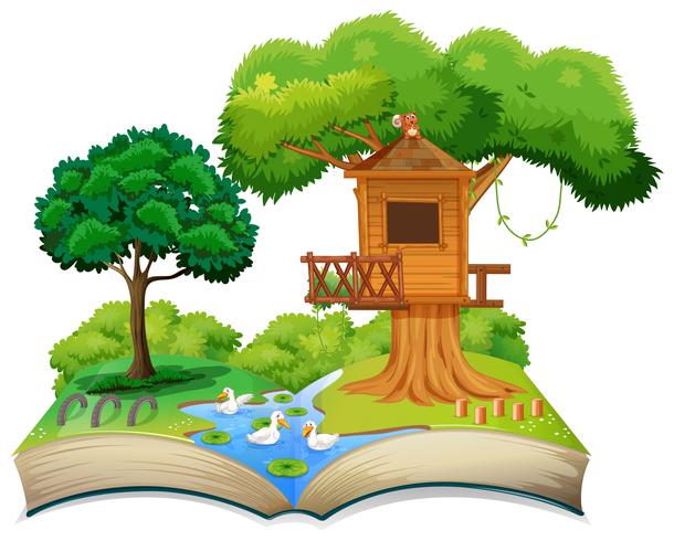 Casa del árbol de la naturaleza en libro abierto vector