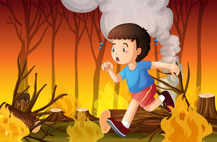 Un niño huido de un incendio forestal. vector