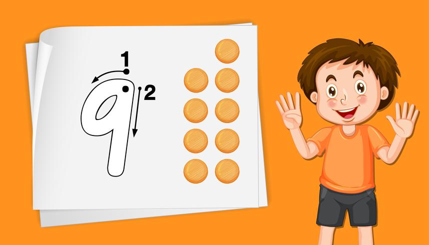 Boy with number nine tracing worksheets vector