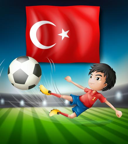 Boy kicking a soccer ball infront of turkish flag vector