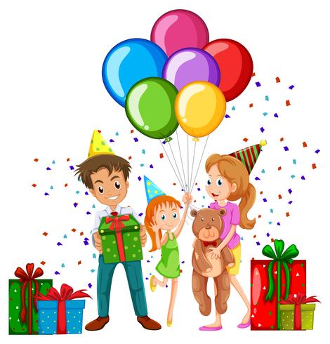Family at birthday party with balloons and presents vector
