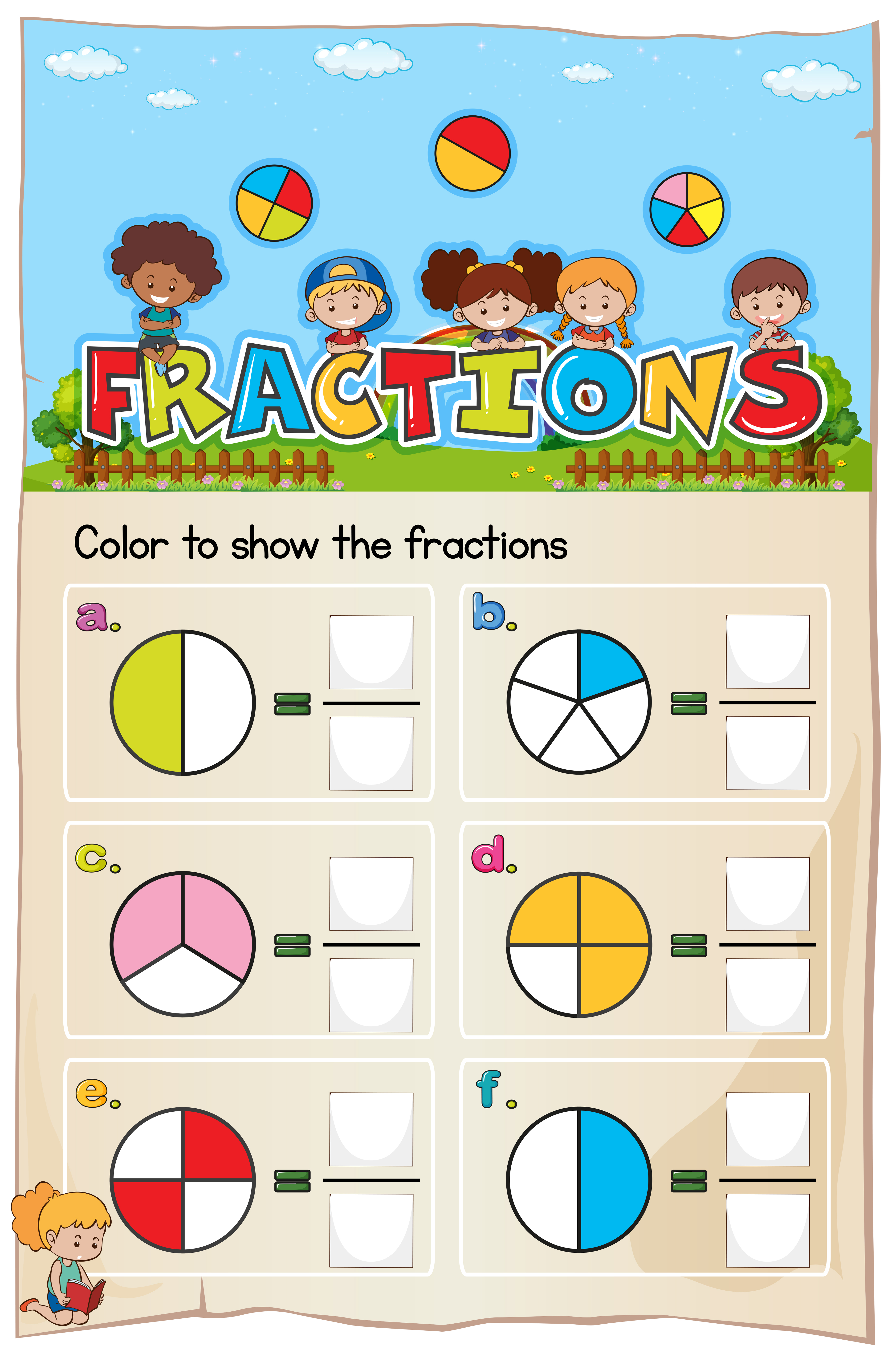 Mathematics Worksheet Fractions Chapter with Picture 420038 Vector Art