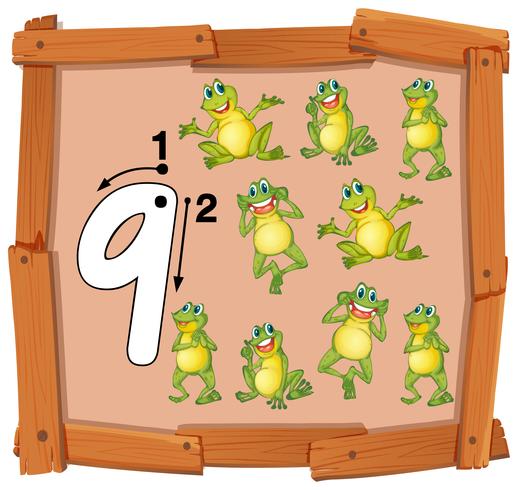 Nine frog on wooden banner vector