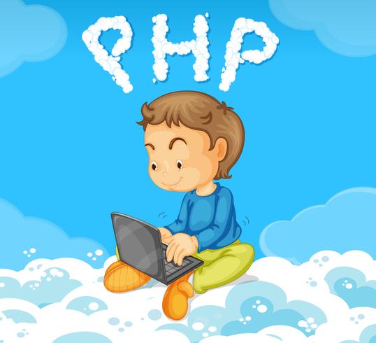 Un chico codificando PHP en la nube vector