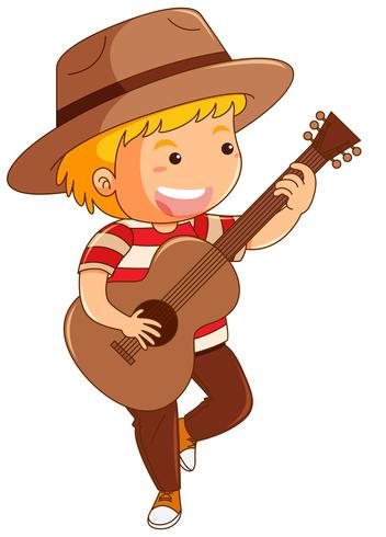 Niño con sombrero marrón tocando guitarra vector