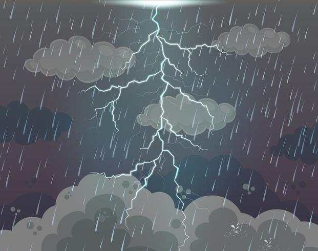 Escena de fondo con rayos y lluvia vector