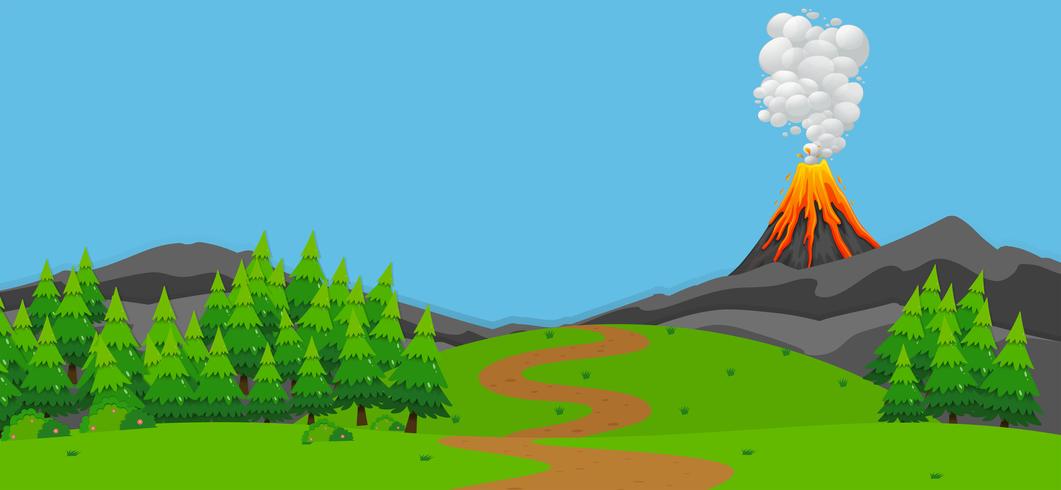 Escena de fondo con volcan y bosque vector