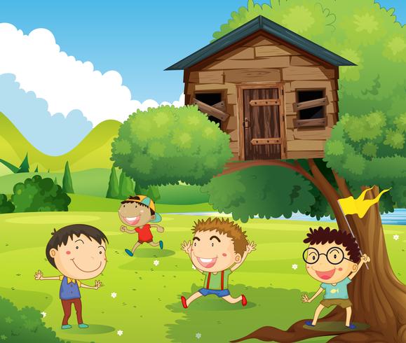 Cuatro niños jugando en la casa del árbol vector