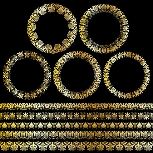 Círculos ornamentales griegos de oro metálico y patrones de borde vector