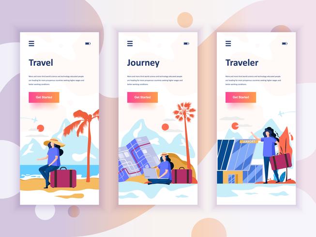 Set of onboarding screens user interface kit for Travel, Journey, Traveler, mobile app templates concept. Modern UX, UI screen for mobile or responsive web site. Vector illustration.