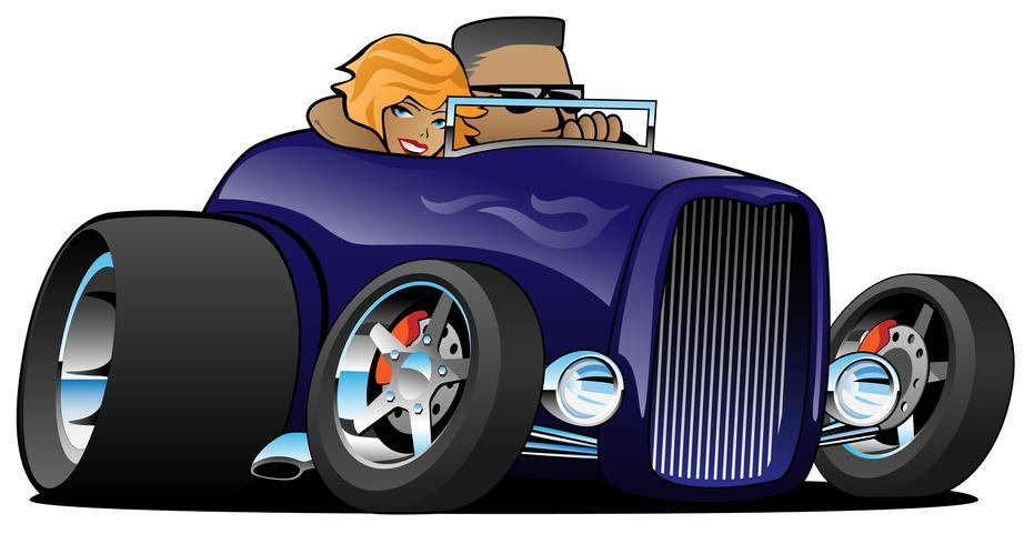 Highboy hot rod roadster púrpura profundo con conductor masculino y mujer linda pasajero aislado vector ilustración