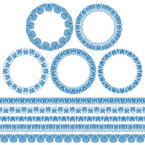 Círculos ornamentales griegos azules y patrones de borde vector