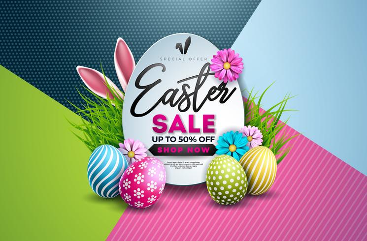 Easter Sale Illustration with Color Painted Egg, Spring Flower and Typography Element  vector