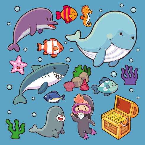 Los animales marinos vector plantas acuáticas peces marinos dibujos animados  ilustración agua submarina vida marina con carácter acuático. Delfines  submarinos, ballenas tropicales, delfines, medusas, estrellas de mar.  423553 Vector en Vecteezy