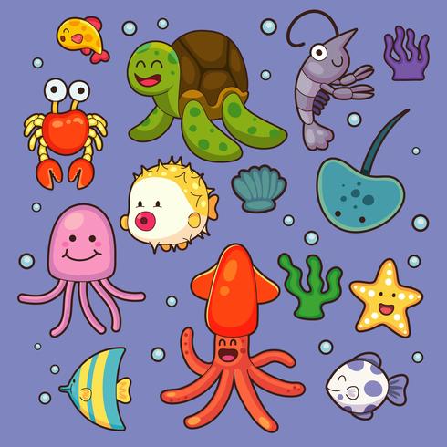 Sea animals vector water plants ocean fish cartoon illustration undersea water marine aquatic character life.