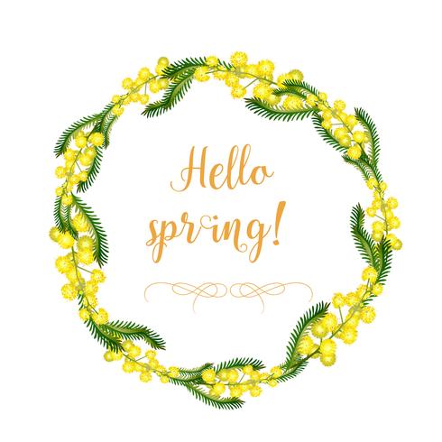 A decorative wreath of flowers and leaves of mimosa and the elements of the wreath separately. Spring and summer delicate yellow flowers.Isolated objects on a white background. vector