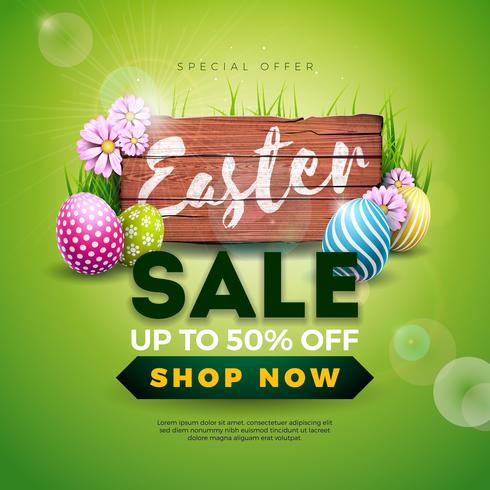 Easter Sale Illustration with Color Painted Egg and Spring Flower on Vintage Wood Background. vector