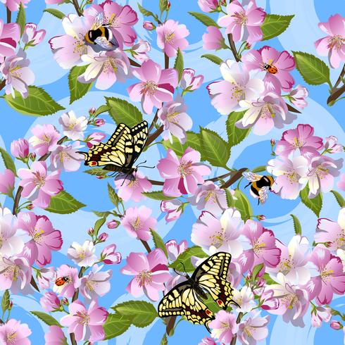 Spring seamless pattern with flowers of apple, Machaon butterflies, bumblebees and ladybirds against a blue sky. vector