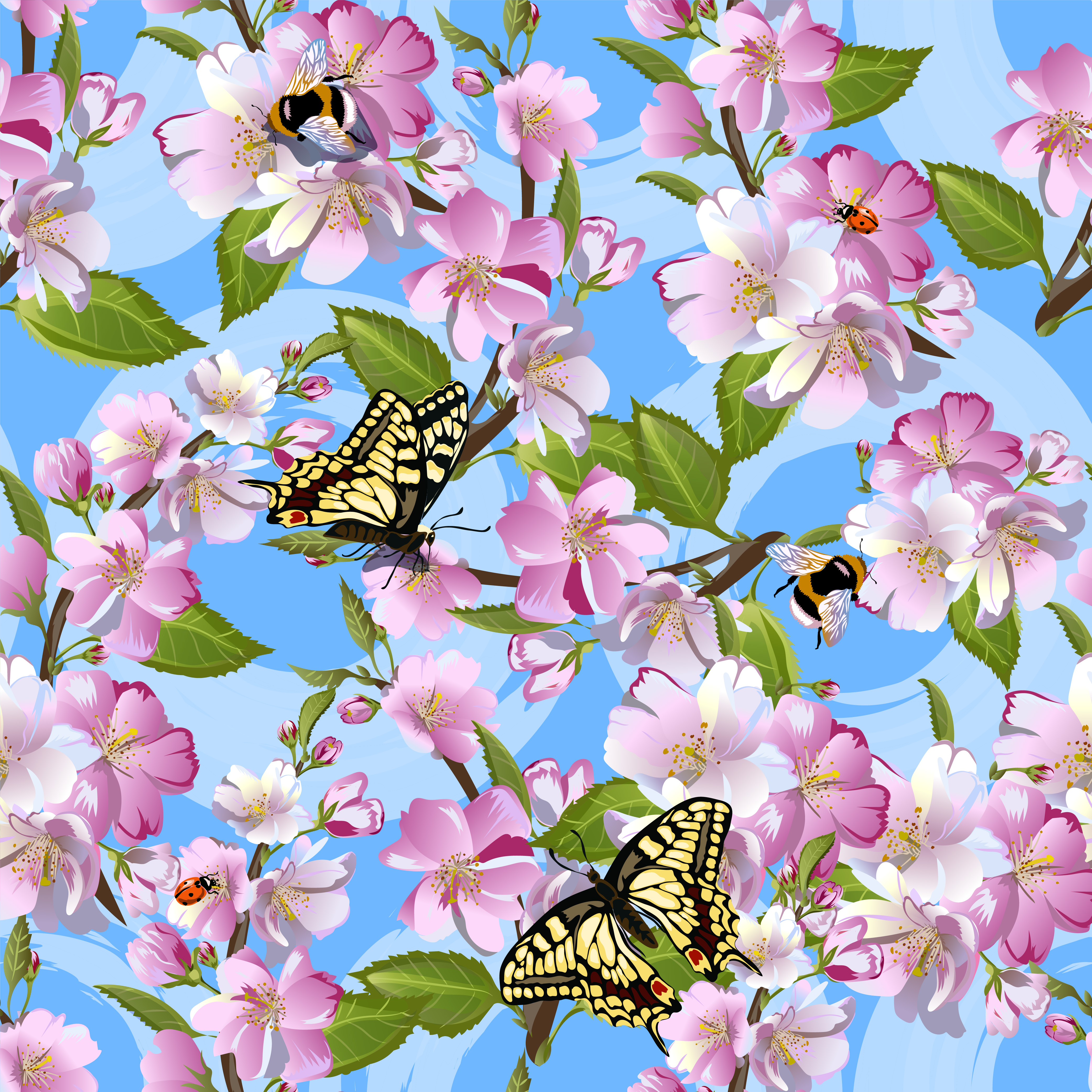 Download Spring seamless pattern with flowers of apple, Machaon ...