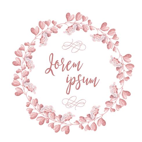 The Wreath of pink flowers. Round romantic flower frame and lettering Happy wedding Day . Vector hand drawn illustration.