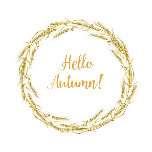 Vector illustration of a wreath made of wheat spikelets isolated on a white background with space for text.
