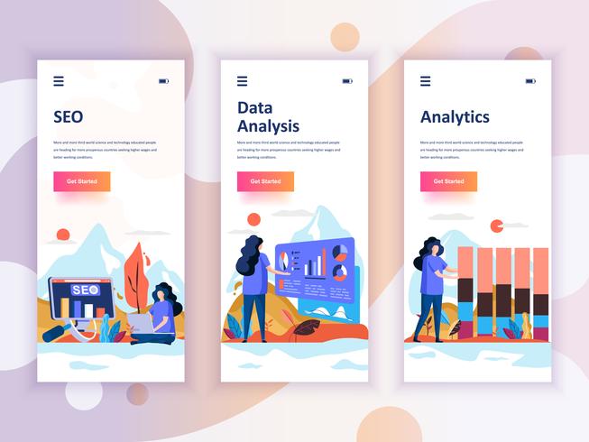 Set of onboarding screens user interface kit for SEO, Data Analysis, Analytics, mobile app templates concept. Modern UX, UI screen for mobile or responsive web site. Vector illustration.