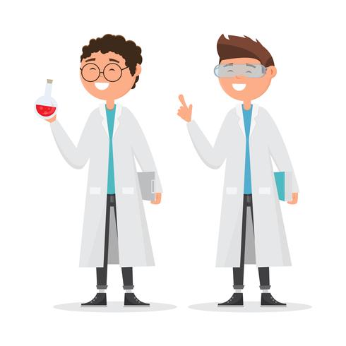 Niños en diferentes personajes. La investigación escolar en química. vector