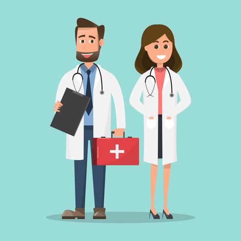 Set of doctors holding first aid box and nurse characters. vector