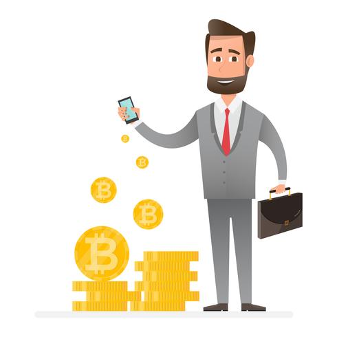 cryptocurrency technology, bitcoin exchange, bitcoin mining, mobile banking. man holding mobile phone with relocating bitcoins into floor vector