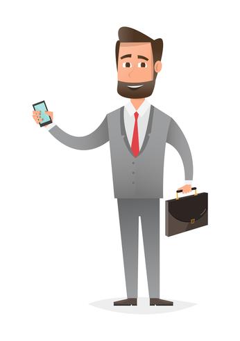 friendly young man in suit clothes, standing and holding a mobile phone vector