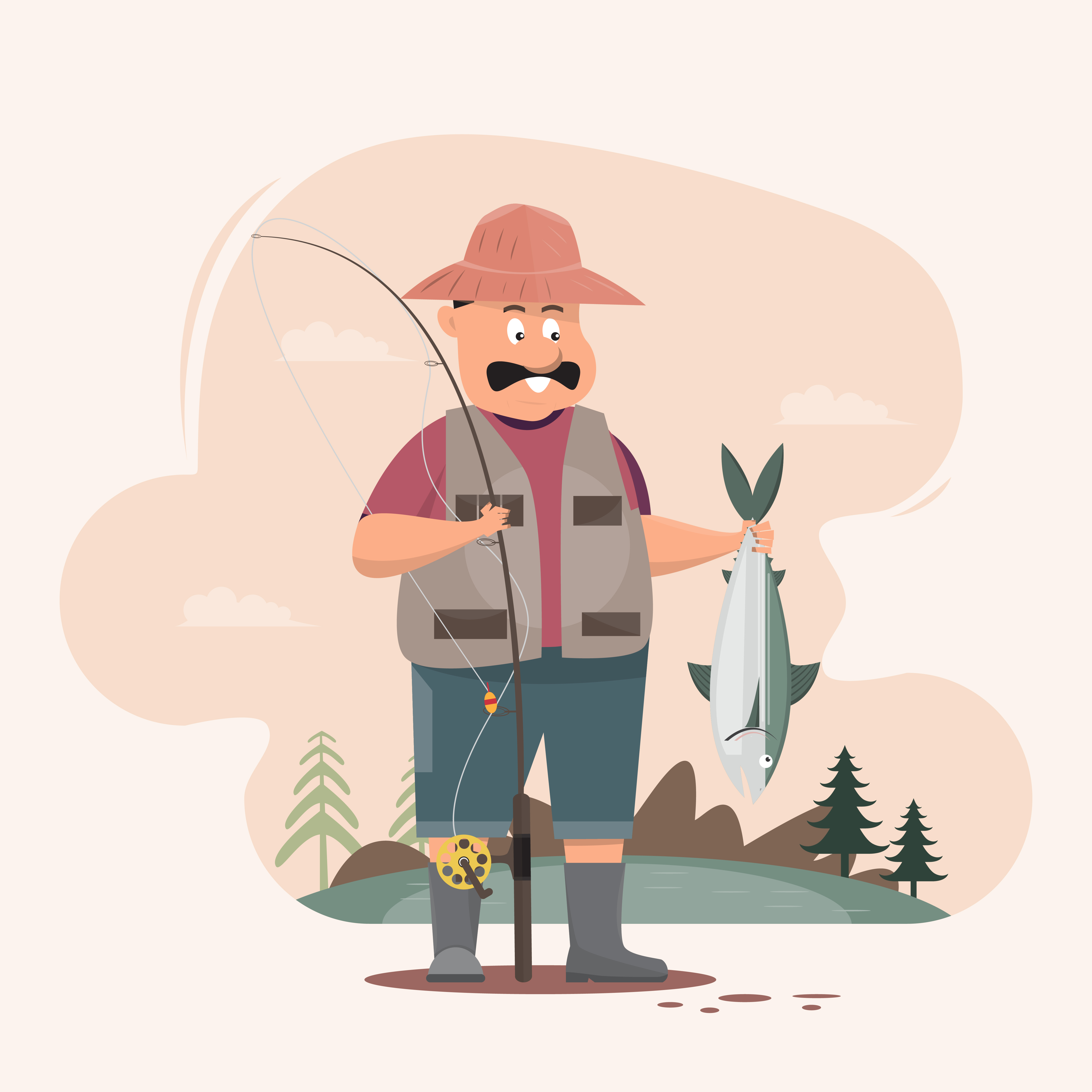 Download Fisherman character holding a big fish and a fishing rod ...