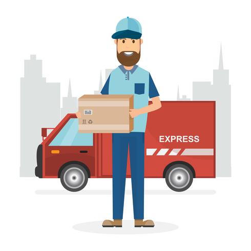 Delivery Concept. Fast delivery van. Delivery man sending in the city vector