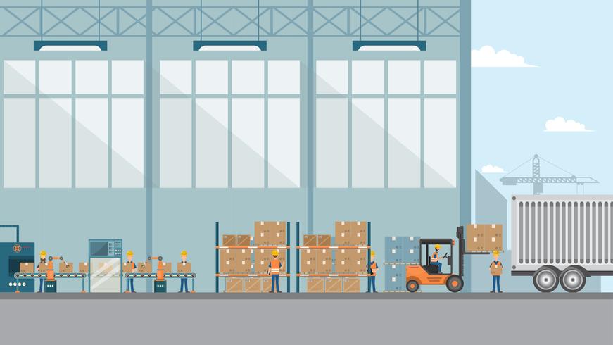 smart industrial factory in a flat style with workers, robots and assembly line packing vector