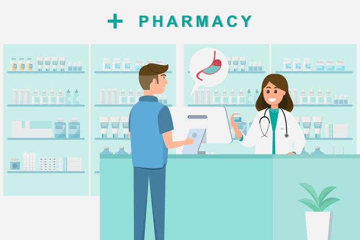 pharmacy with nurse in counter. drugstore cartoon character vector