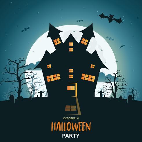 Halloween night background with pumpkin and dark castle under the moonlight vector