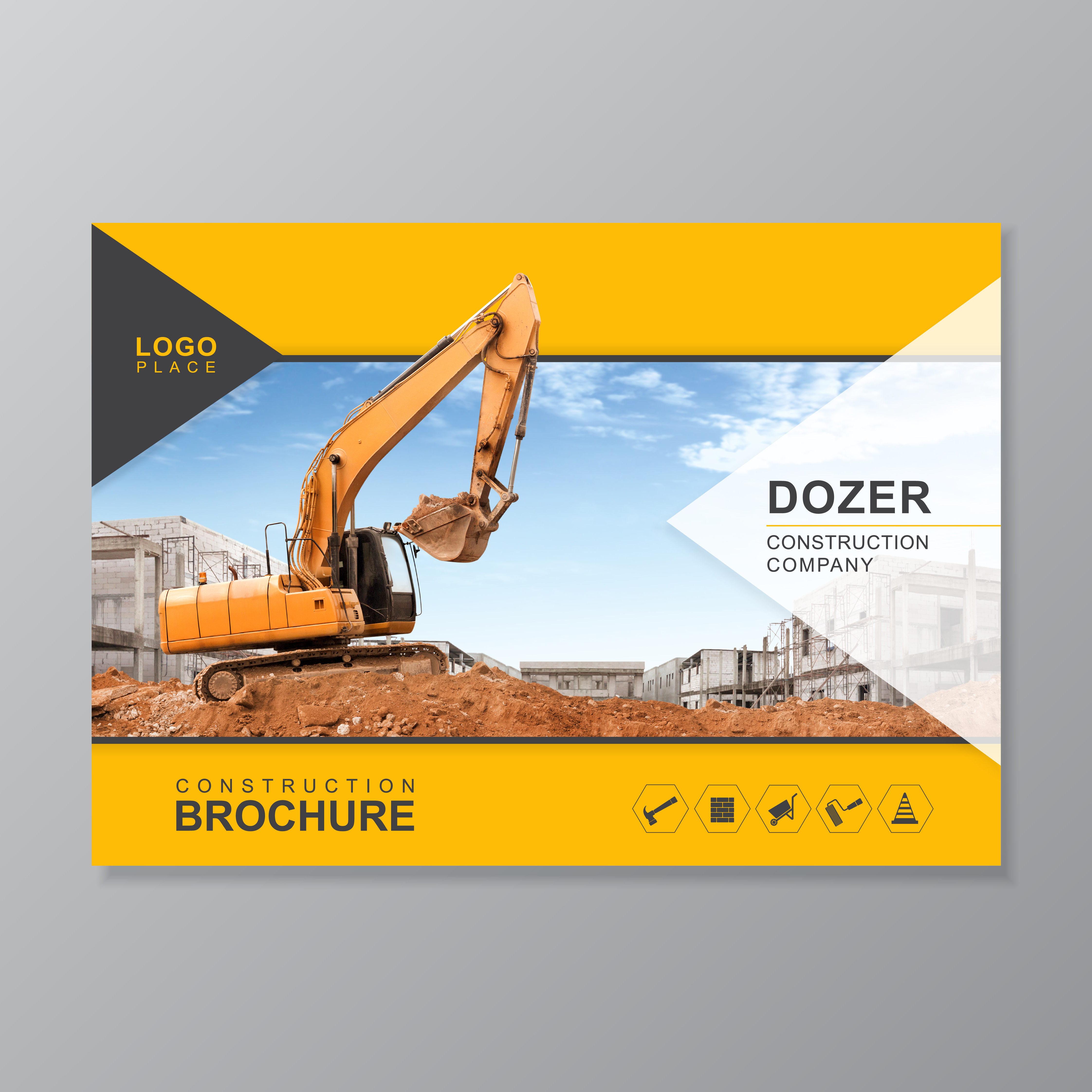 Excavator or dozer cover A4 template for construction brochure design Excavator or dozer cover A4 template for construction brochure design