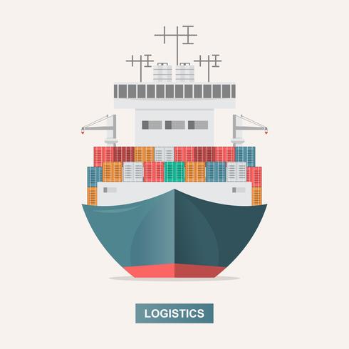 Logística de transporte marítimo. El transporte marítimo. Buque de carga, transporte de contenedores en estilo plano vector