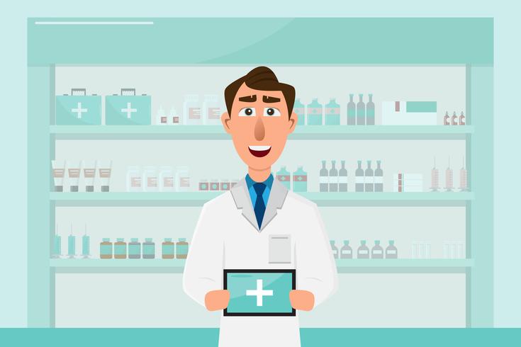 pharmacy with doctor in counter. drugstore cartoon character vector