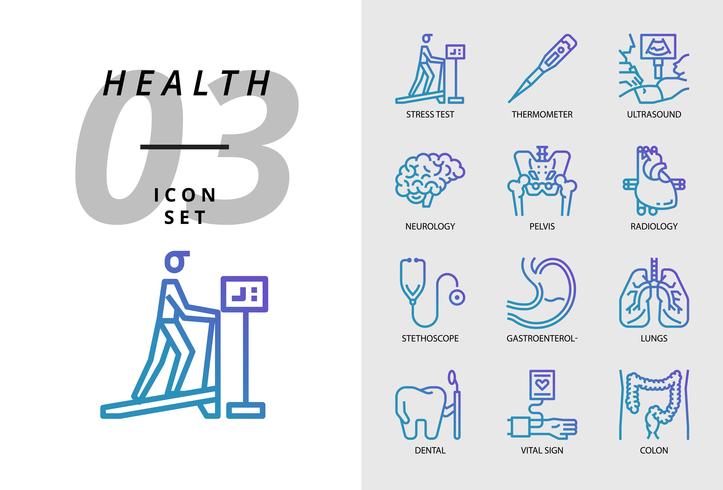 Paquete de iconos para la salud, hospital, prueba de esfuerzo, termómetro, ultrasonido, neurología, pelvis, radiología, estetoscopio, gastroenterólogo, pulmones, dental, signo vital, colon. vector