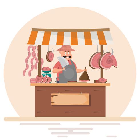 fat man butcher offering fresh meat at pork chop store vector