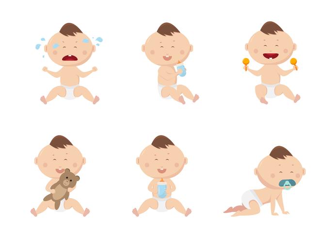 cute baby boy in various character such as sleeping, sitting, crying, playing, crawling. vector