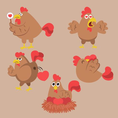 Pollo y gallo. Divertidos animales de granja nacionales aves huevos pollo vector personajes de dibujos animados. Granja de pollos de personaje, ilustración de gallo