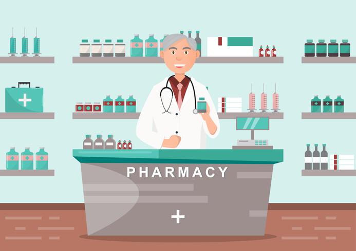 Farmacia con medico en mostrador. diseño de personajes de dibujos animados de droguería vector