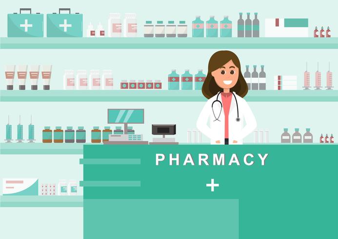 Farmacia con enfermera en mostrador. personaje de dibujos animados de droguería vector