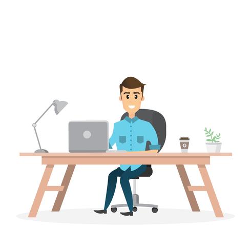 smiling businessman is sitting and working on a laptop computer in his office vector