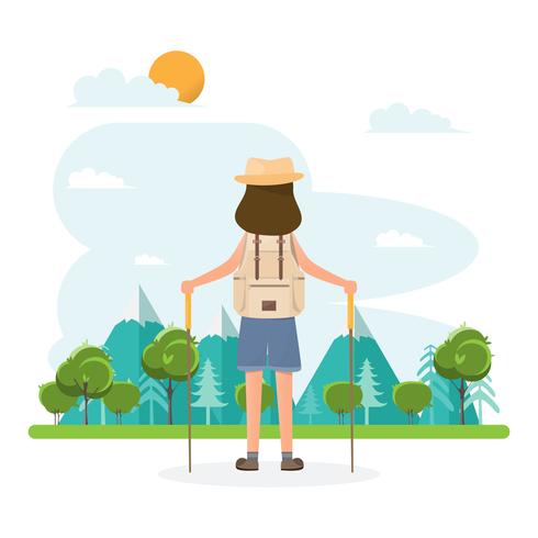 people travel. woman with backpack go to camping on a vacation vector