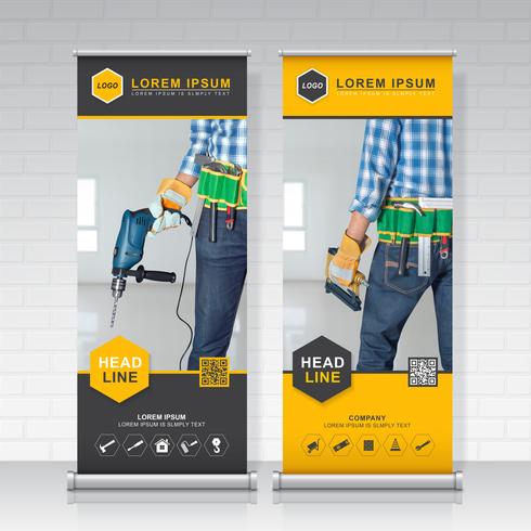 construction tools roll up design, standee and banner template decoration for exhibition, printing, presentation vector illustration