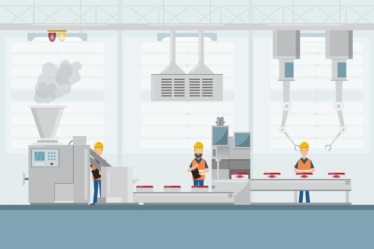 smart industrial factory in a flat style with workers, robots and assembly line packing vector