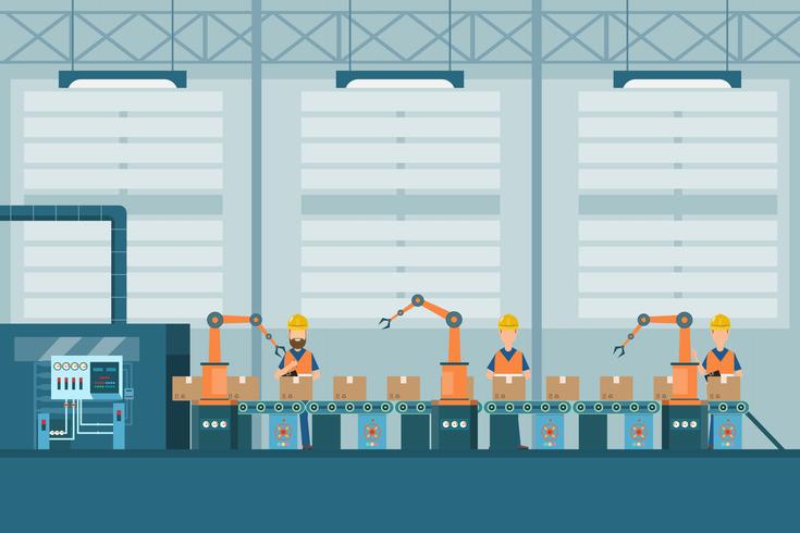 smart industrial factory in a flat style with workers, robots and assembly line packing vector