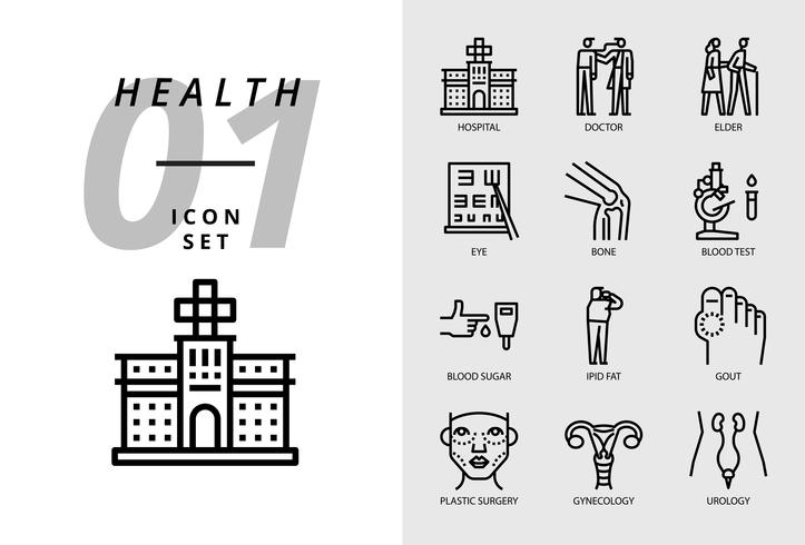 Icon pack for health , hospital, doctor, elder, eye, bone, blood test, blood sugar, ipid fat, gout, plastic surgery, gynaecology, urology. vector